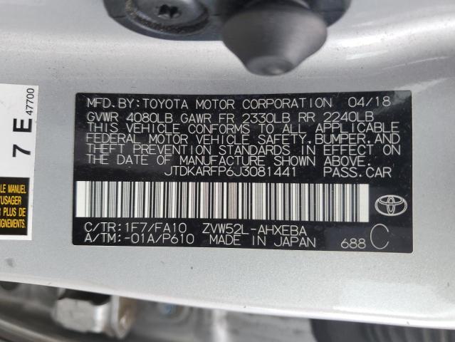 JTDKARFP6J3081441 - 2018 TOYOTA PRIUS PRIM ვერცხლისფერი ფოტო 13