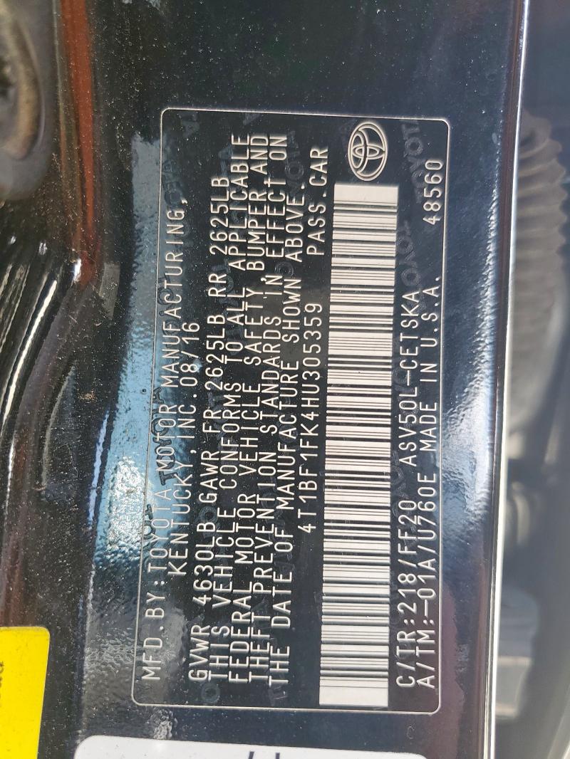 4T1BF1FK4HU305359 - 2017 TOYOTA CAMRY LE 黑色 照片 13