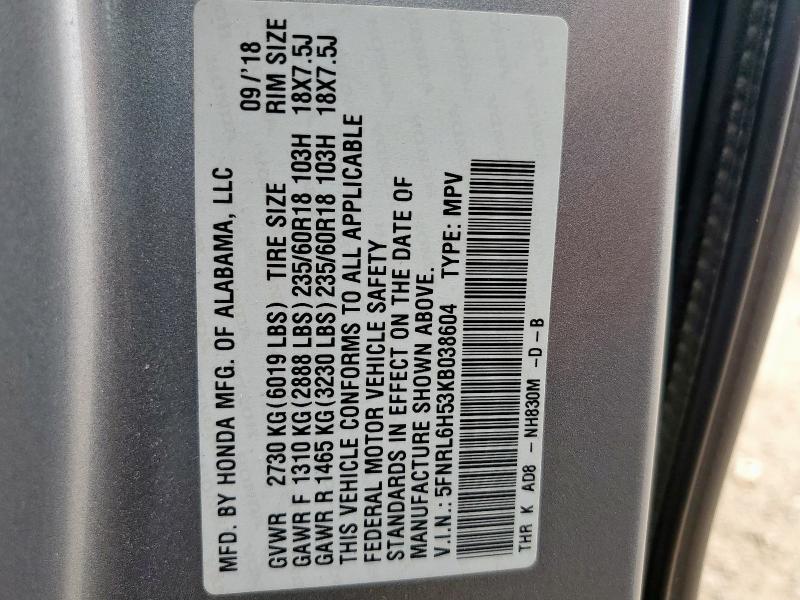 5FNRL6H53KB038604 - 2019 HONDA ODYSSEY EX SILVER photo 13