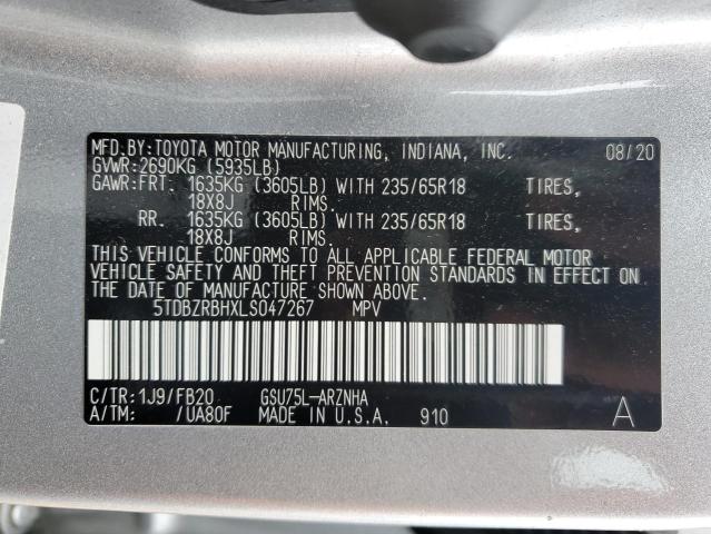 5TDBZRBHXLS047267 - 2020 TOYOTA HIGHLANDER L SILVER photo 13