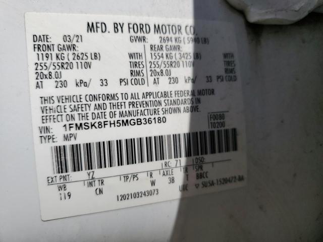 1FMSK8FH5MGB36180 - 2021 FORD EXPLORER LIMITED WHITE photo 13