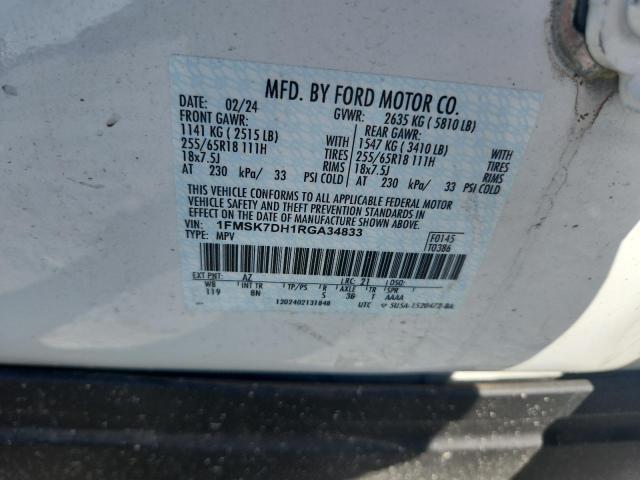 1FMSK7DH1RGA34833 - 2024 FORD EXPLORER XLT WHITE photo 12