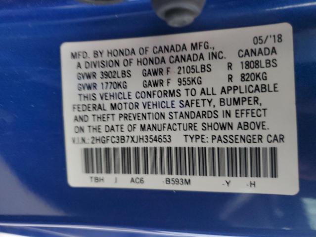 2HGFC3B7XJH354653 - 2018 HONDA CIVIC EXL ლურჯი ფოტო 12