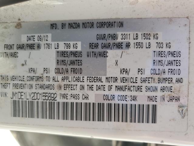JM1DE1LY2D0155892 - 2013 MAZDA MAZDA2 WHITE photo 12