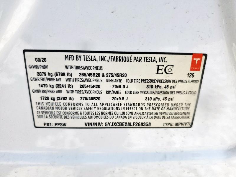 5YJXCBE28LF268358 - 2020 TESLA MODEL X 白色 照片 12