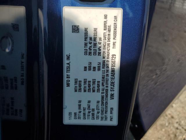 5YJ3E1EA8MF850729 - 2021 TESLA MODEL 3 BLUE photo 12