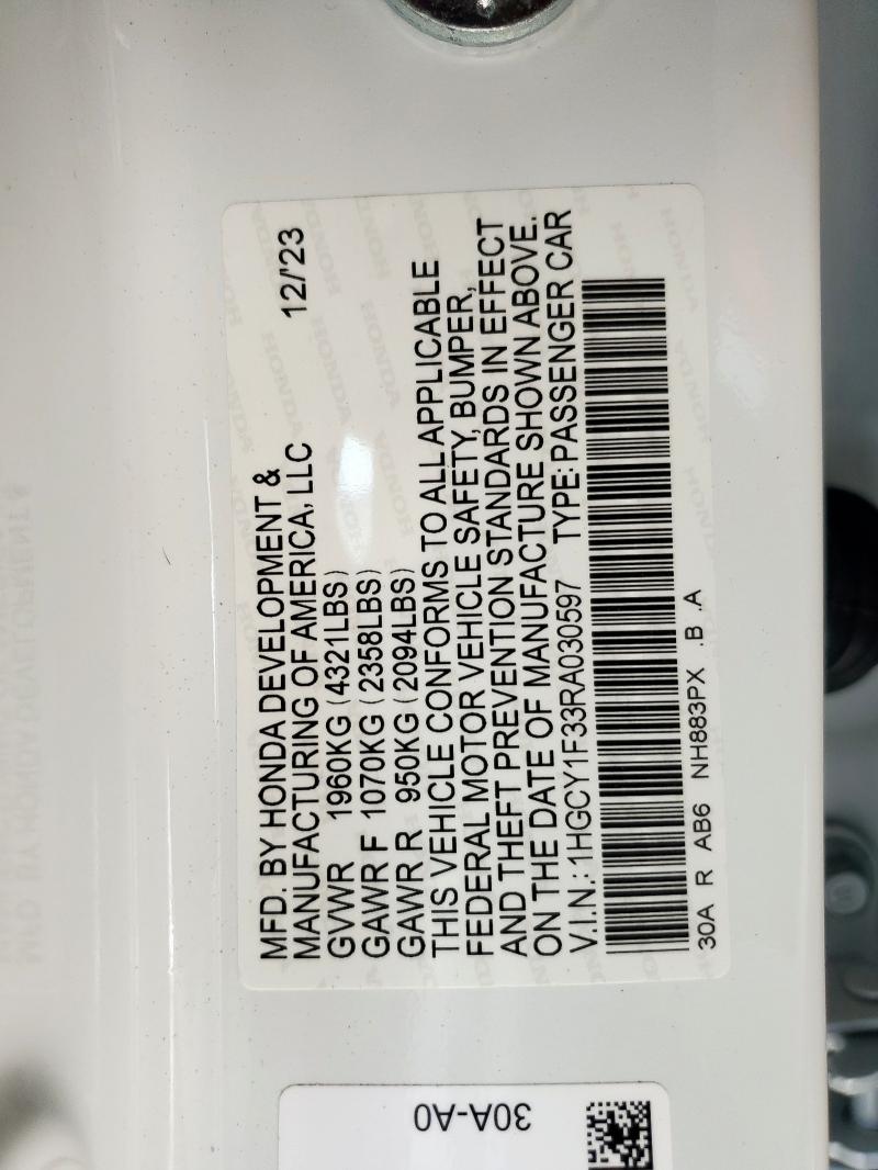 1HGCY1F33RA030597 - 2024 HONDA ACCORD EX WHITE photo 12