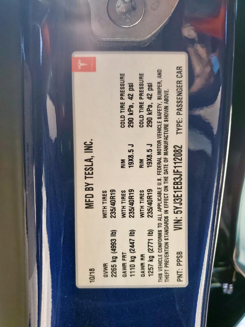 5YJ3E1EB3JF112082 - 2018 TESLA MODEL 3 BLUE photo 13