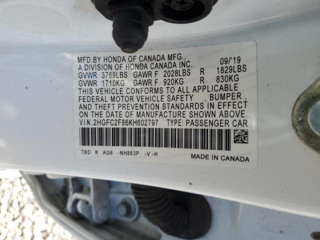 2HGFC2F86KH602797 - 2019 HONDA CIVIC SPORT WHITE photo 13