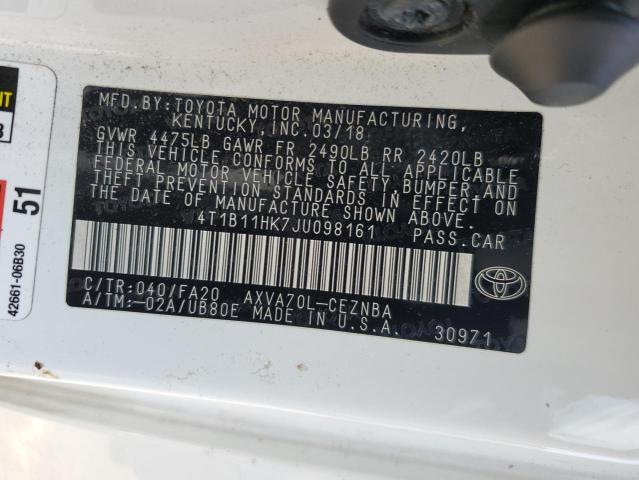 4T1B11HK7JU098161 - 2018 TOYOTA CAMRY L WHITE photo 12