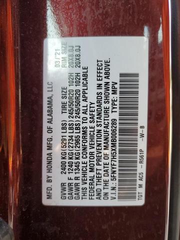 5FNYF7H5XMB006289 - 2021 HONDA PASSPORT EXL MAROON photo 14