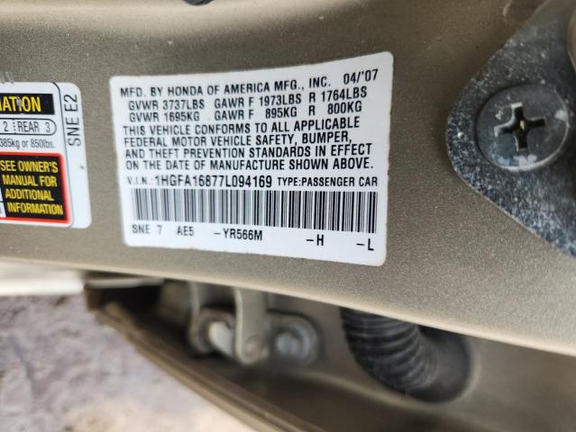 1HGFA16877L094169 - 2007 HONDA CIVIC EX GOLD photo 12