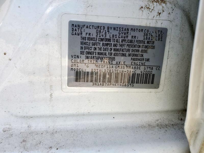 3N1AB7AP4KY408595 - 2019 NISSAN SENTRA S WHITE photo 12