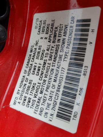 2HGFC2F84KH531177 - 2019 HONDA CIVIC SPORT RED photo 12