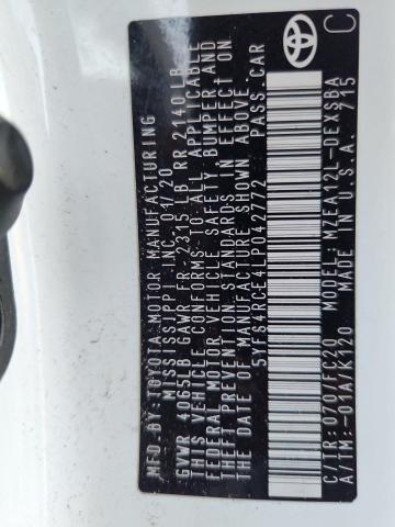 5YFS4RCE4LP042772 - 2020 TOYOTA COROLLA SE WHITE photo 12