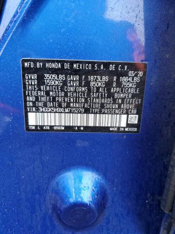 3HGGK5H9XLM715279 - 2020 HONDA FIT EXL BLUE photo 12