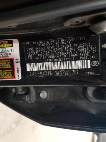 4T1B11HK5KU802102 - 2019 TOYOTA CAMRY L BLACK photo 12