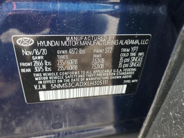 5NMS3CADXLH305111 - 2020 HYUNDAI SANTA FE SEL BLUE photo 13