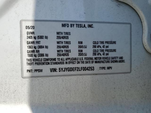 5YJYGDEF2LF004253 - 2020 TESLA MODEL Y WHITE photo 12