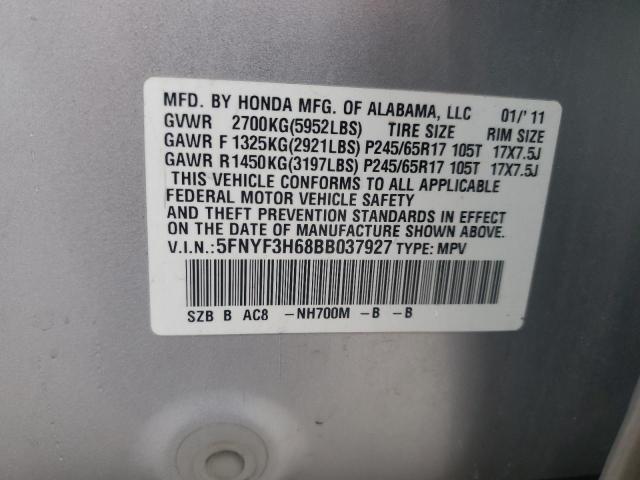 5FNYF3H68BB037927 - 2011 HONDA PILOT EXL SILVER photo 13