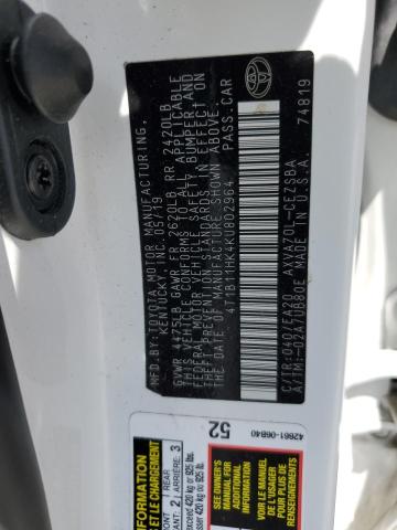 4T1B11HK4KU802964 - 2019 TOYOTA CAMRY L WHITE photo 12