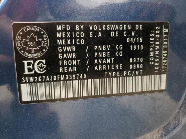 3VW2K7AJ0FM339749 - 2015 VOLKSWAGEN JETTA BASE 蓝色 照片 12