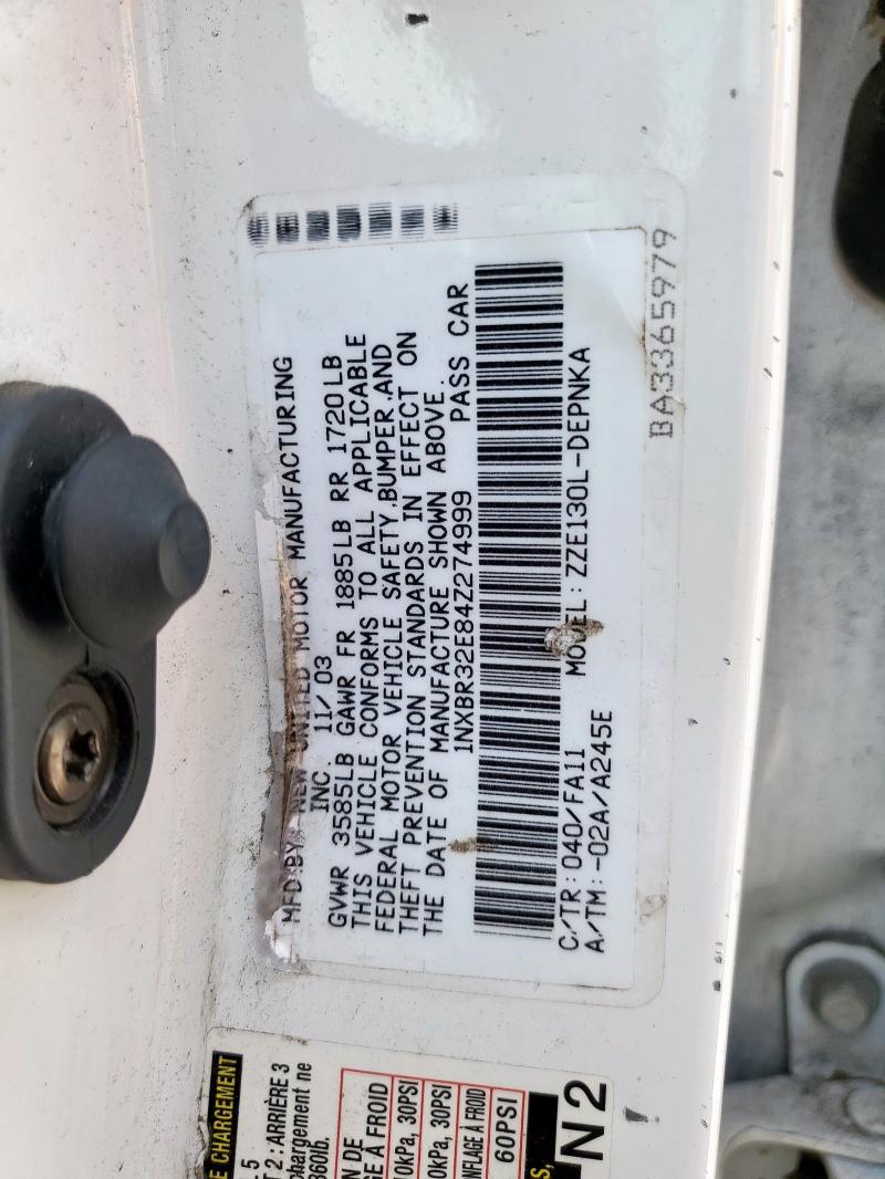 1NXBR32E84Z274999 - 2004 TOYOTA COROLLA CE 白色 照片 12