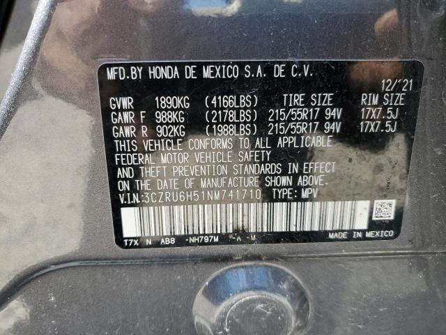 3CZRU6H51NM741710 - 2022 HONDA HR-V EX GRAY photo 12