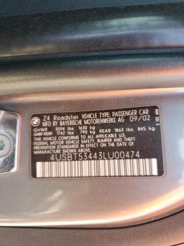 4USBT53443LU00474 - 2003 BMW Z4 3.0 GRAY photo 12