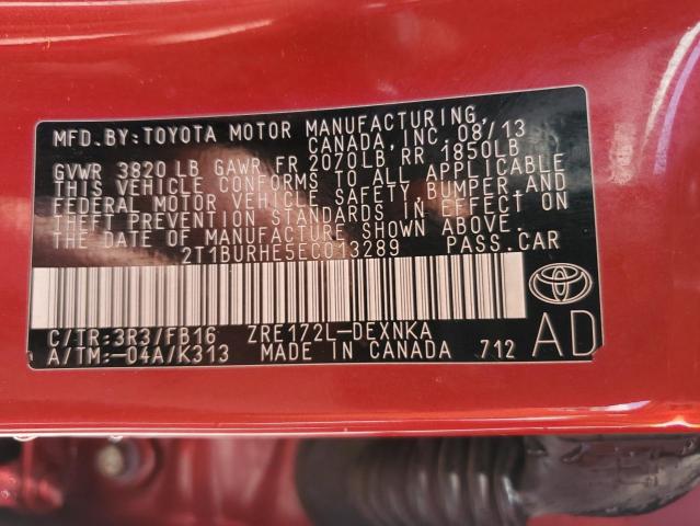 2T1BURHE5EC013289 - 2014 TOYOTA COROLLA L RED photo 13