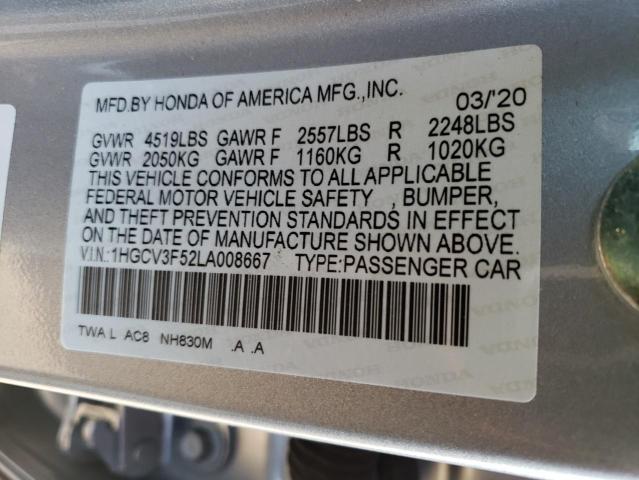 1HGCV3F52LA008667 - 2020 HONDA ACCORD HYBRID EXL SILVER photo 12