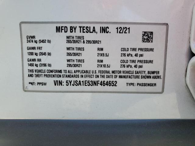5YJSA1E53NF464652 - 2022 TESLA MODEL S Ağ foto 12