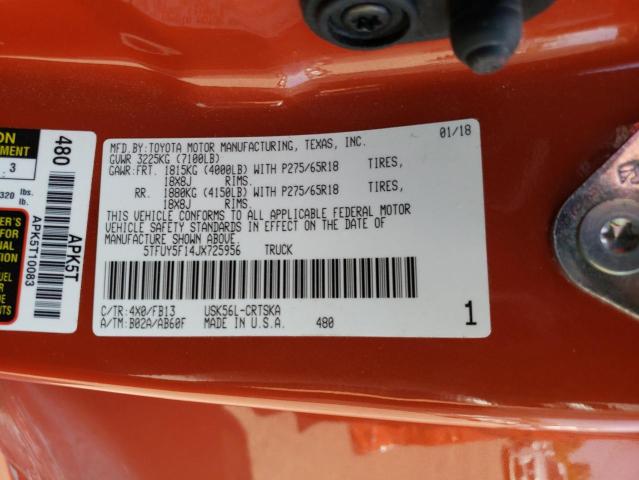 5TFUY5F14JX725956 - 2018 TOYOTA TUNDRA DOUBLE CAB SR/SR5 ORANGE photo 12