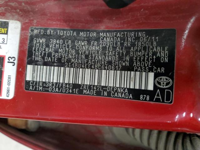 2T1BU4EE4BC640617 - 2011 TOYOTA COROLLA BASE RED photo 12