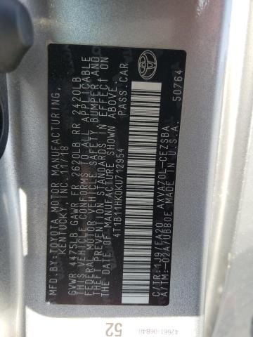 4T1B11HK0KU712954 - 2019 TOYOTA CAMRY L SILVER photo 13