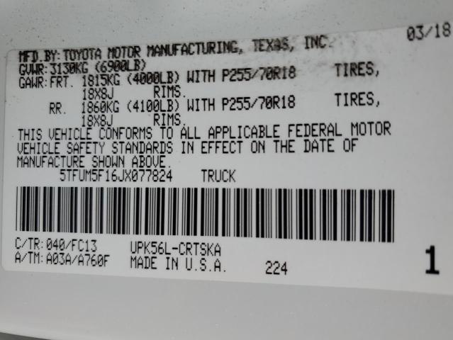 5TFUM5F16JX077824 - 2018 TOYOTA TUNDRA DOUBLE CAB SR/SR5 WHITE photo 12