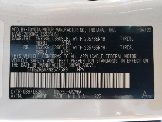 5TDGZRBH7NS577589 - 2022 TOYOTA HIGHLANDER XLE WHITE photo 13