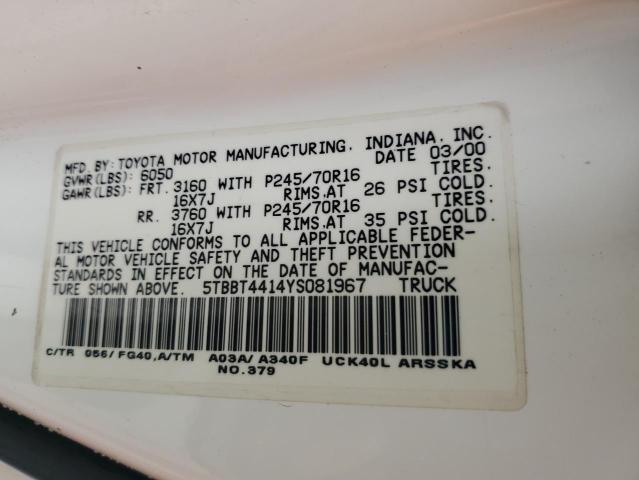 5TBBT4414YS081967 - 2000 TOYOTA TUNDRA ACCESS CAB 白色 照片 12