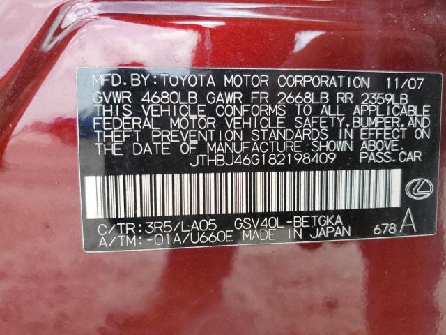 JTHBJ46G182198409 - 2008 LEXUS ES 350 BURGUNDY photo 12