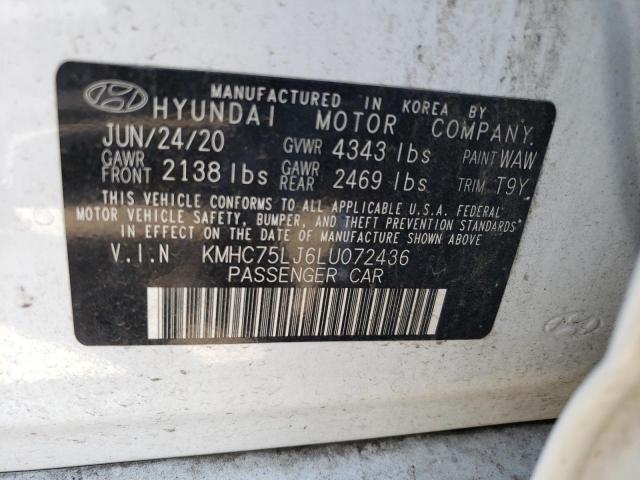 KMHC75LJ6LU072436 - 2020 HYUNDAI IONIQ SE WHITE photo 12