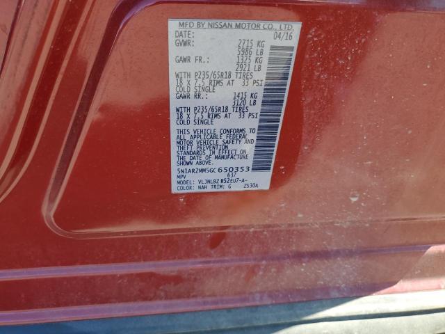 5N1AR2MM5GC650353 - 2016 NISSAN PATHFINDER S 勃艮第红 照片 12