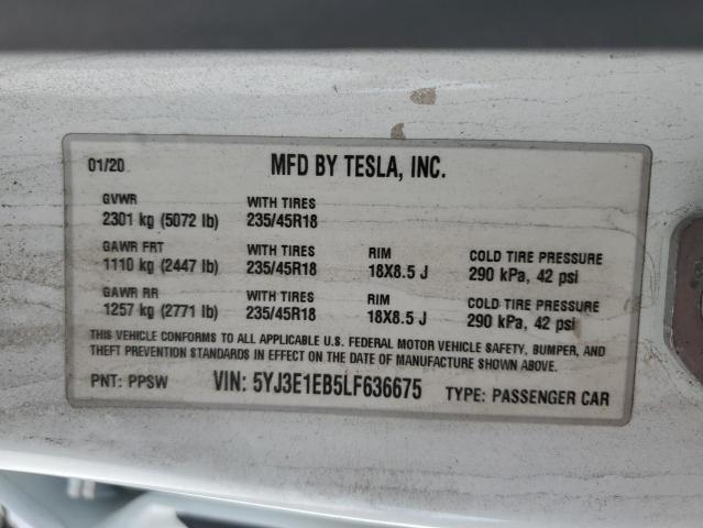 5YJ3E1EB5LF636675 - 2020 TESLA MODEL 3 白色 照片 13