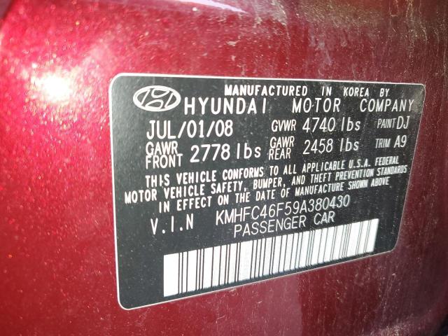 KMHFC46F59A380430 - 2009 HYUNDAI AZERA SE BURGUNDY photo 12