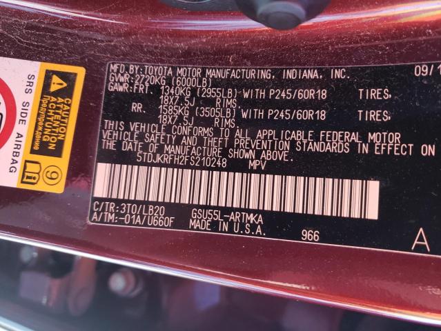 5TDJKRFH2FS210248 - 2015 TOYOTA HIGHLANDER XLE RED photo 10