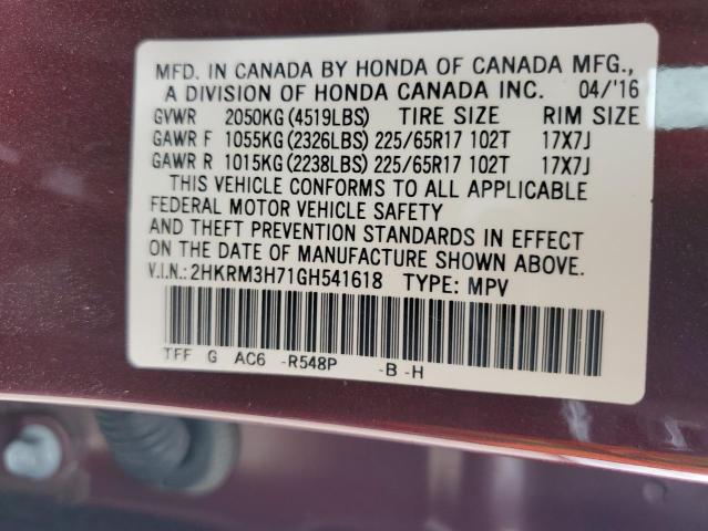 2HKRM3H71GH541618 - 2016 HONDA CR-V EXL BURGUNDY photo 13