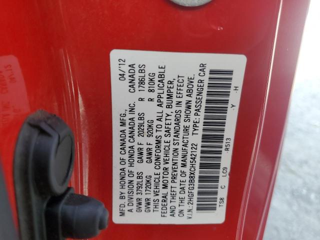 2HGFG3B8XCH542122 - 2012 HONDA CIVIC EX RED photo 12
