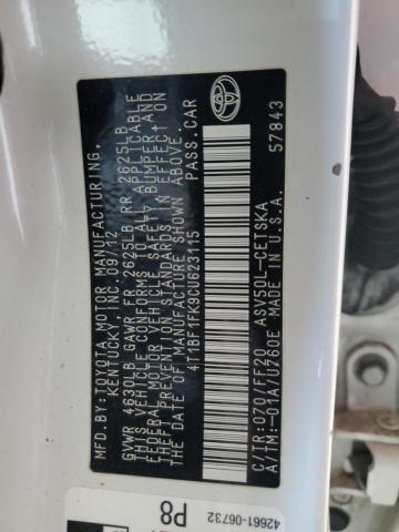 4T1BF1FK9CU623115 - 2012 TOYOTA CAMRY BASE WHITE photo 12
