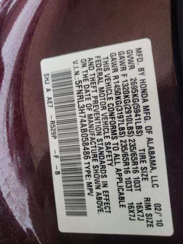 5FNRL3H74AB058486 - 2010 HONDA ODYSSEY EXL BURGUNDY photo 13