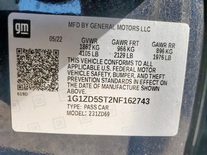 1G1ZD5ST2NF162743 - 2022 CHEVROLET MALIBU LT Mavi foto 13