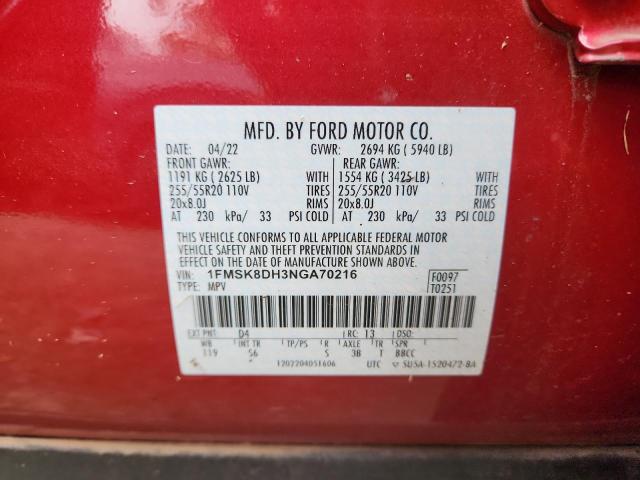 1FMSK8DH3NGA70216 - 2022 FORD EXPLORER XLT Czerwony zdjęcie 14